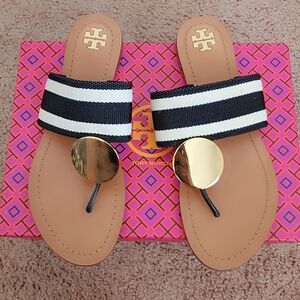 Tory Burch Black and White Striped Sandals